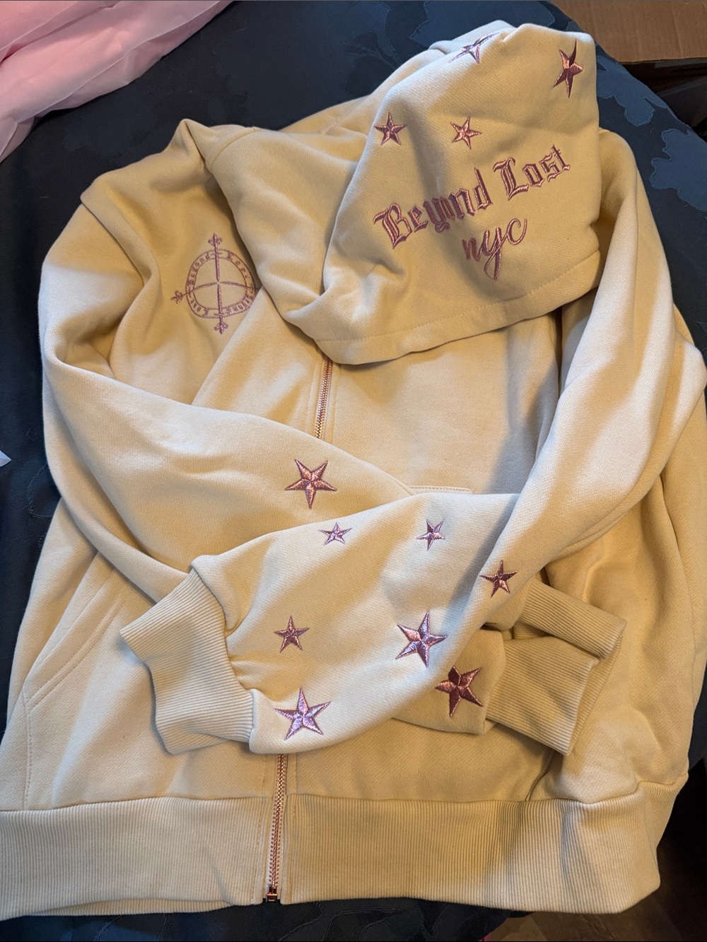 Women's Beige Zip Hoodie with Pink Star Embroidery